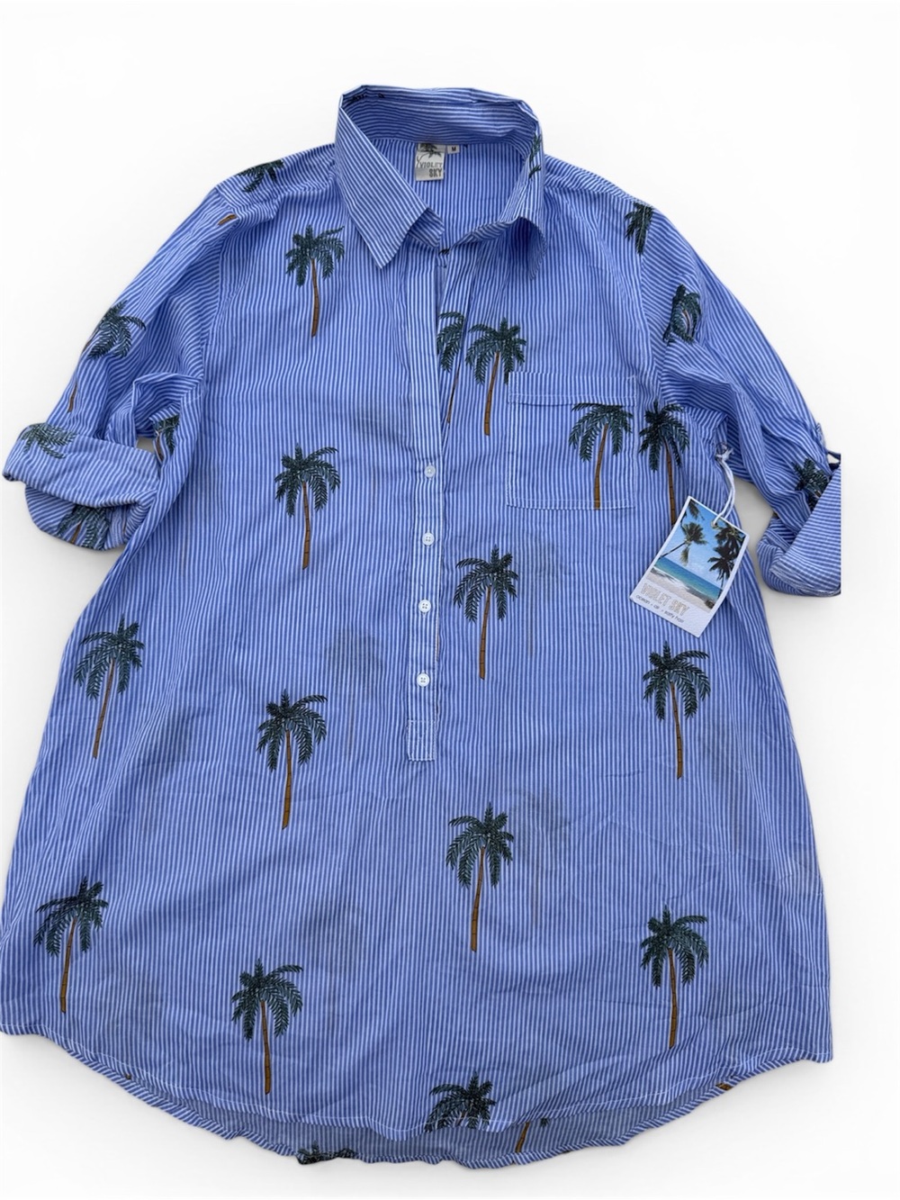 🆕Violet Sky Striped Blue White Stripe Palm-Print Swim Button Front Coverup Tunic